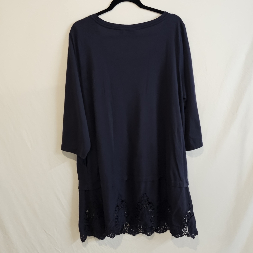 LOGO by Lori Goldstein Cotton Blend Midi Dress Crochet Lace Trim 2X Blue - Picture 7 of 9